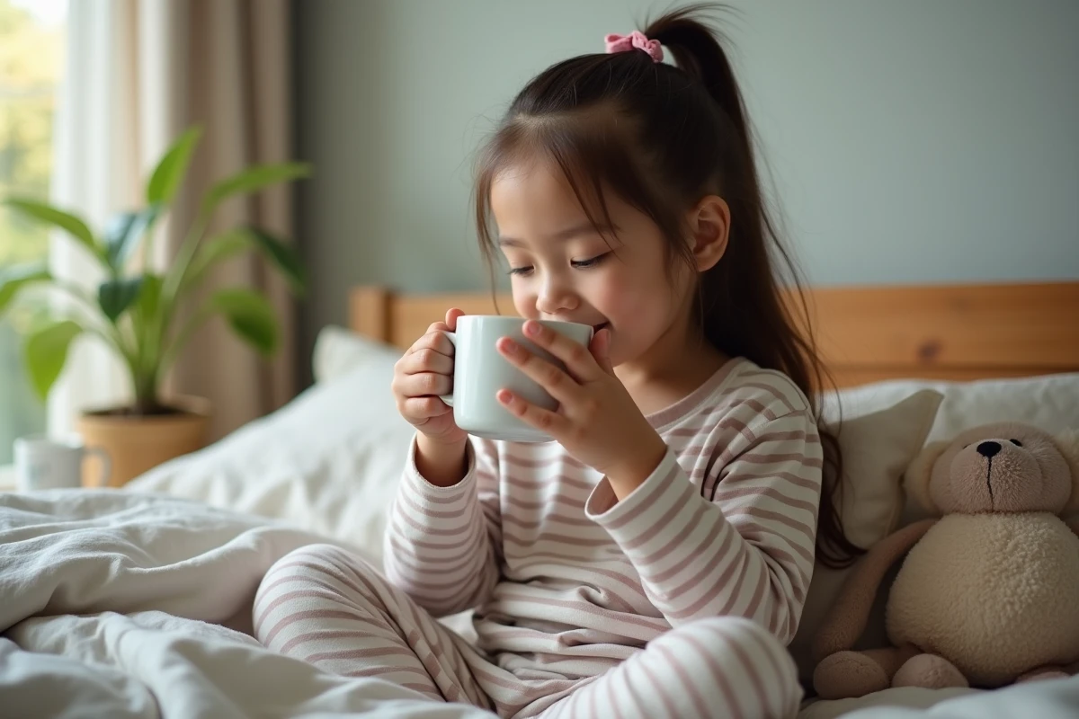 Fille de 5 ans dans son lit sirotant une tisane r&eacute;confortante