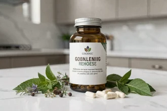Flacon de complément alimentaire Alviona posé sur un comptoir en marbre avec des herbes botaniques et des gélules