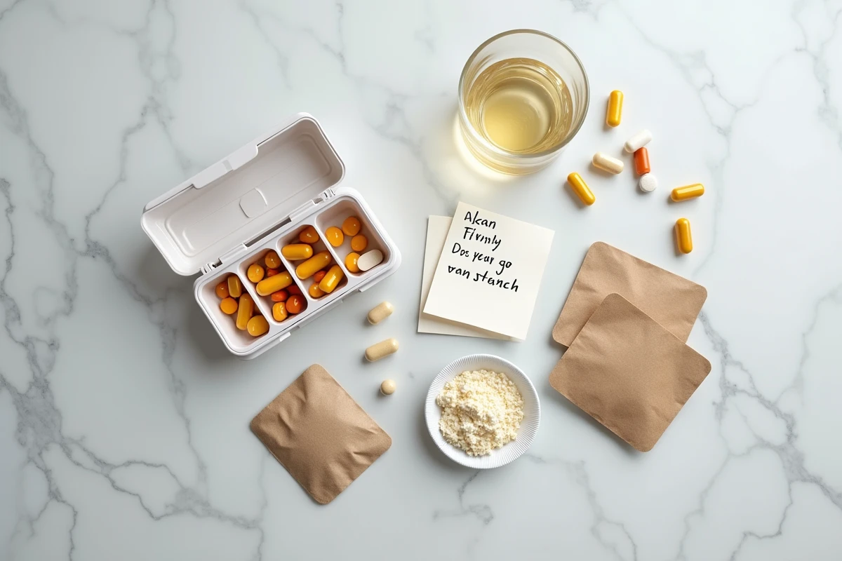 Flat-lay de capsules probiotiques, organisateur de pilules et note manuscrite sur fond de marbre gris pour illustrer la prise quotidienne de probiotiques contre l'intestin irritable