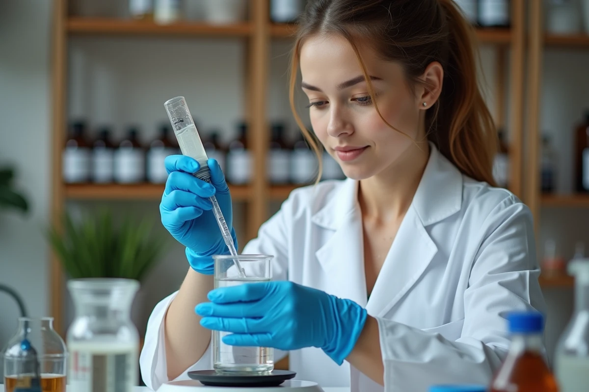 Formulatrice cosmétique mesurant un ingrédient actif avec une pipette graduée lors de la préparation d'un sérum maison