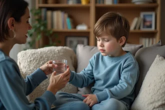 Jeune garçon de 7 ans avec mère offrant de l'eau dans un salon chaleureux