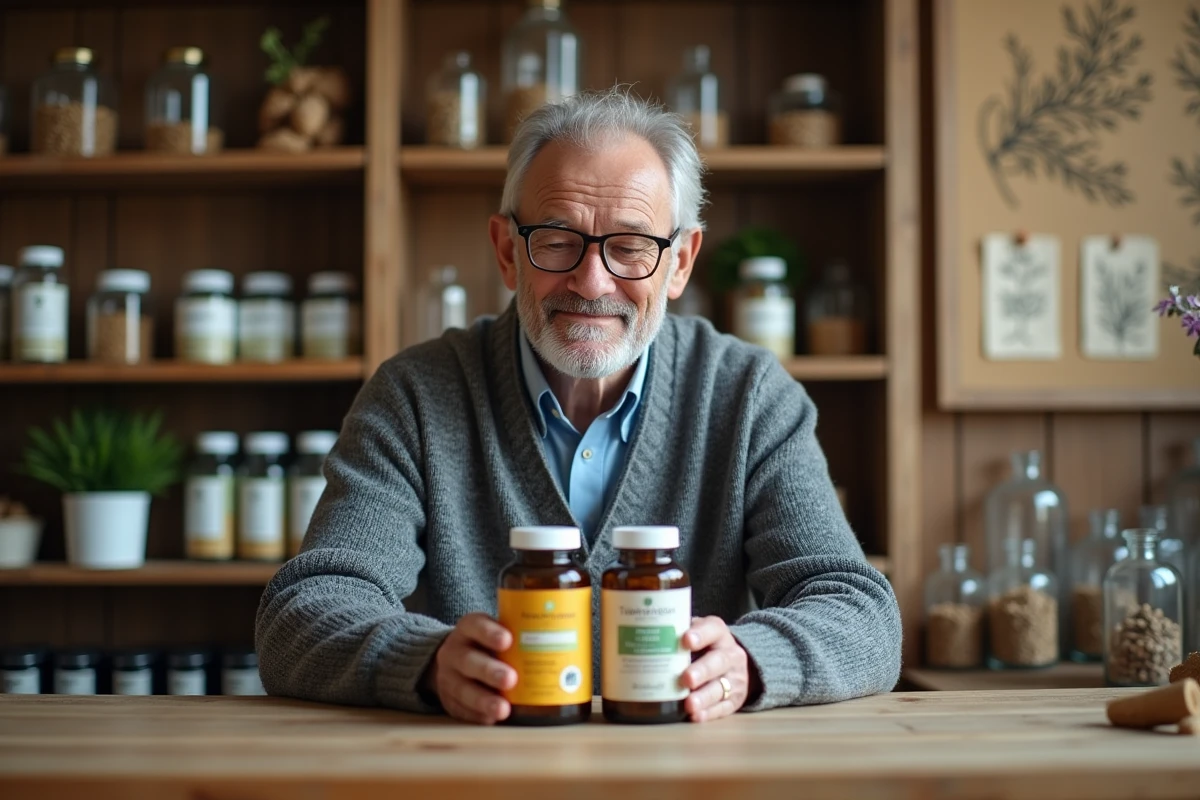 Homme en pharmacie comparant des gélules de plantes pour soulager l'arthrose