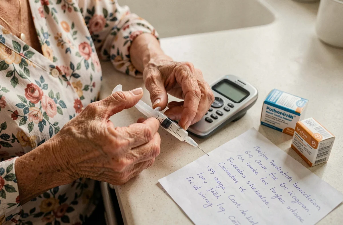 Grand-mère préparant une dose de médicament liquide pour enfant en respectant un intervalle de temps entre deux antidouleurs