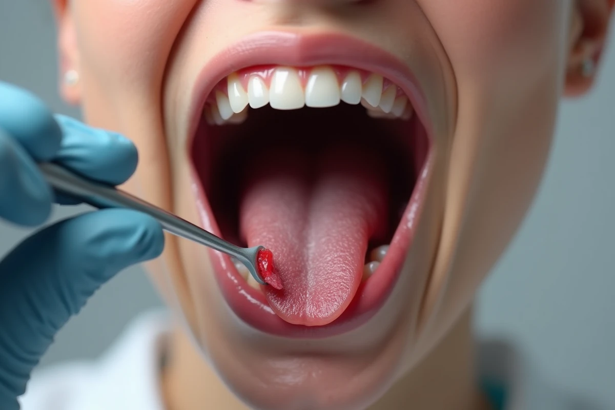 Gros plan sur une amygdale asymétrique et suspecte visible lors d'un examen buccal, utilisé à des fins éducatives médicales