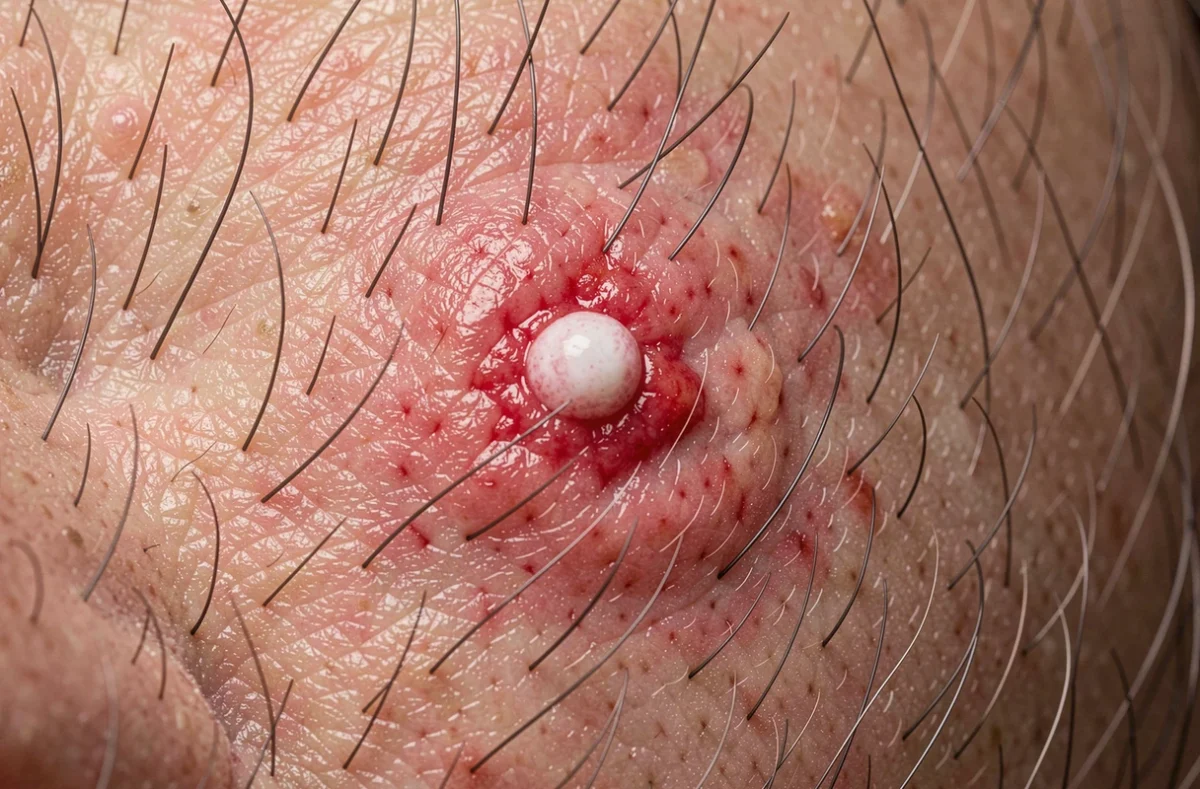 Gros plan sur la peau avec un bouton blanc inflammé