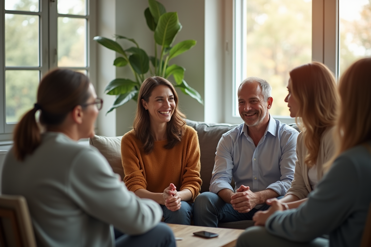 Groupe d'adultes divers en conversation dans un salon lumineux