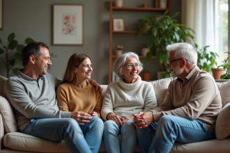 Groupe d'amis discutant dans un salon chaleureux