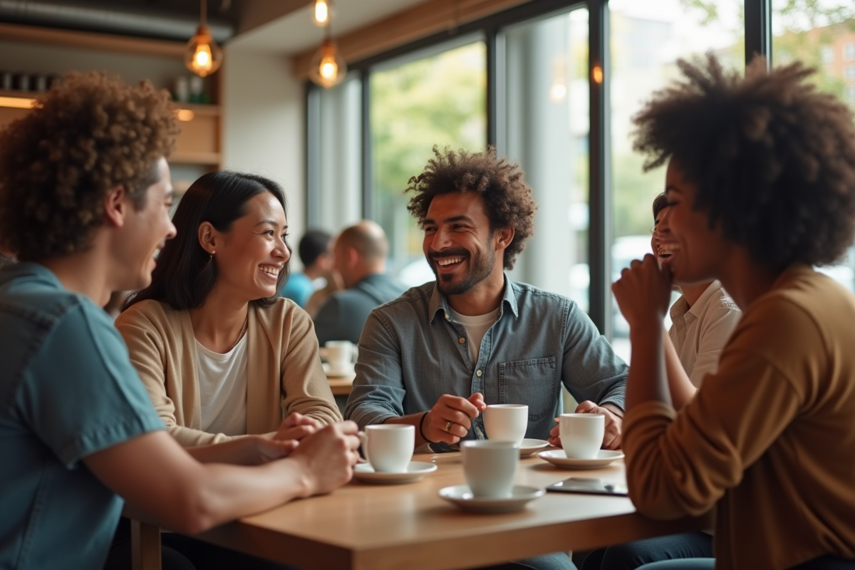 Groupe divers partageant un café dans un cafe lumineux en pleine conversation