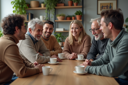 Groupe d'adultes discutant autour d'une table de cuisine