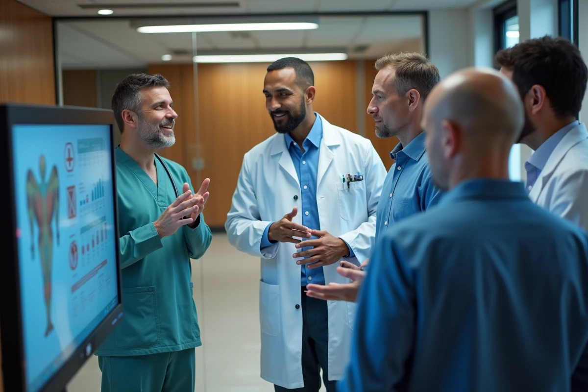 Groupe de professionnels discutant autour d