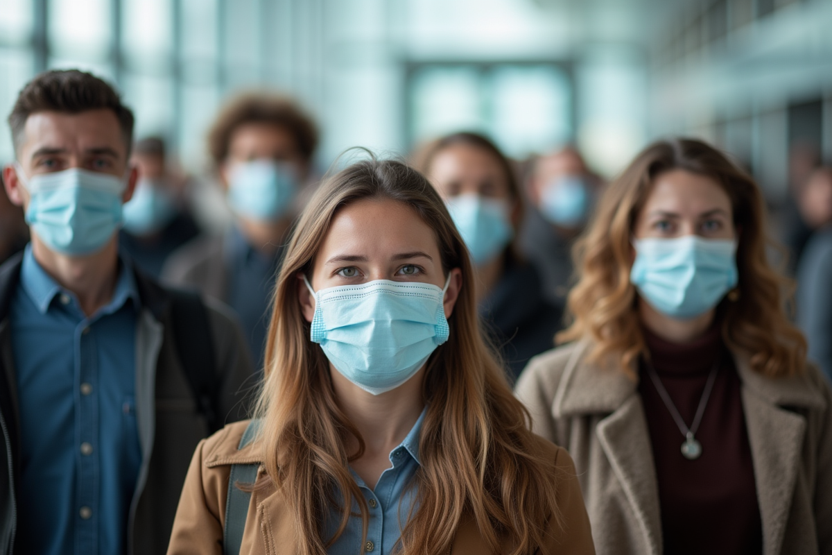 Groupe divers portant masques dans un espace moderne