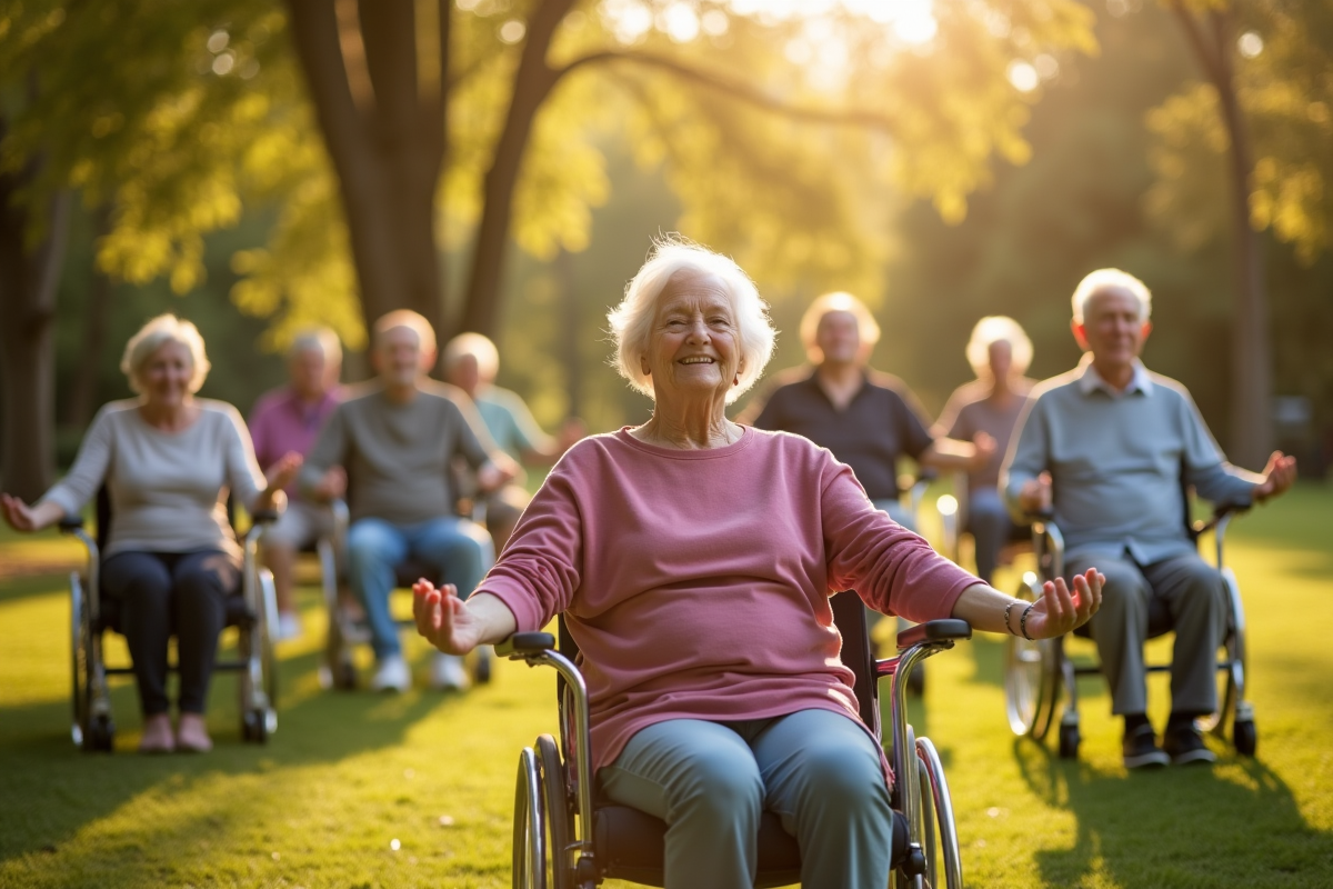 Groupe de seniors pratiquant le yoga en plein air dans un parc ensoleille