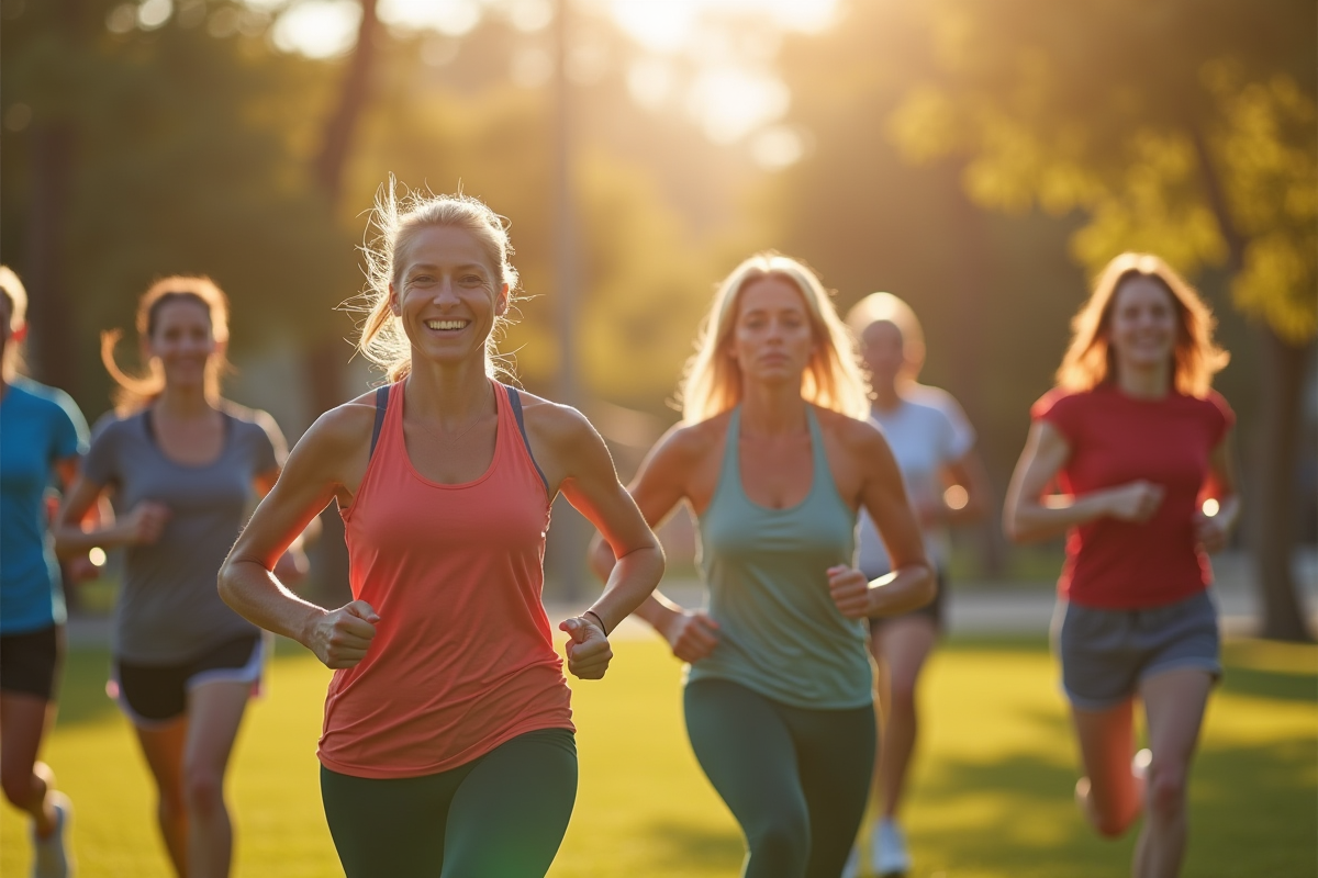 Groupe de personnes faisant du sport en plein air dans un parc ensoleille