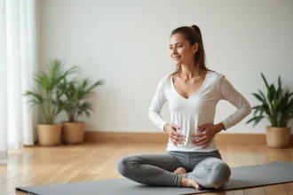Femme en convalescence assise sur un tapis de yoga, les mains dans le bas du dos, exprimant un soulagement après une névralgie pudendale