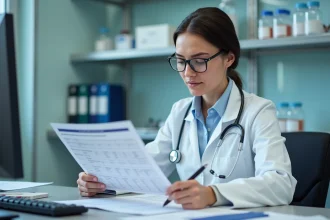 Hématologue analysant un résultat d'hémogramme TCMH dans un laboratoire hospitalier moderne