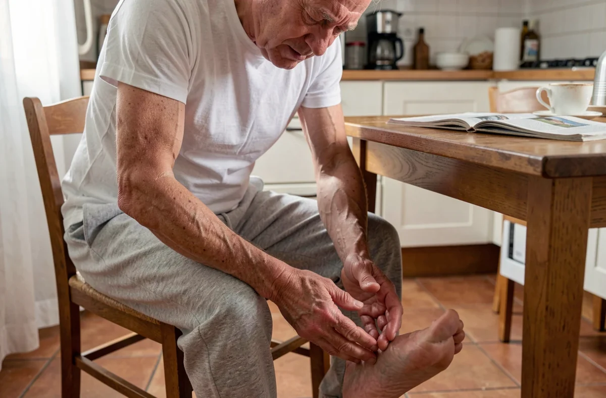 Homme âgé massant son pied douloureux le matin dans sa cuisine, lié à des problèmes de circulation