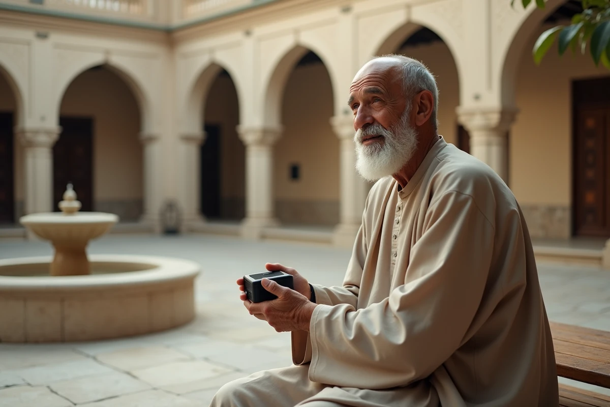 Homme âgé en tenue traditionnelle écoutant des sourates de protection via une enceinte Bluetooth dans une cour de mosquée