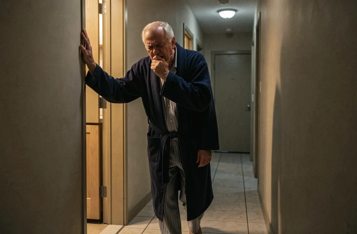Homme âgé en robe de chambre toussant dans un couloir la nuit, appuyé contre le mur, expression d'inconfort