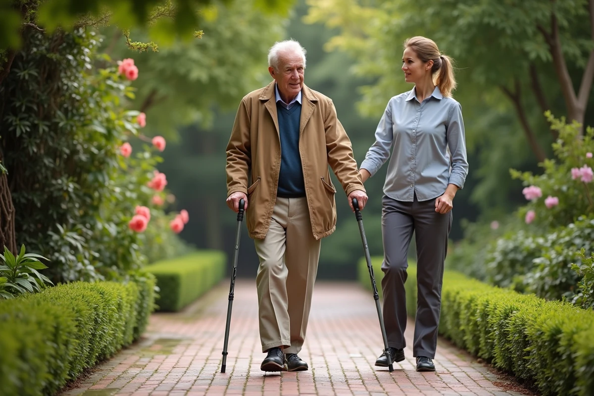 Homme agee pratiquant avec un thérapeute dans un jardin