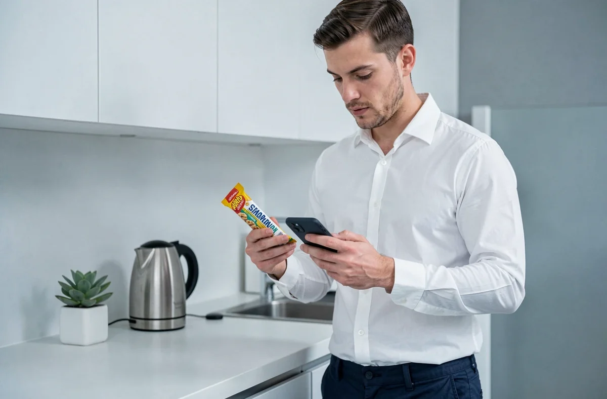 Homme en chemise blanche consultant son téléphone tout en mangeant une barre céréalière dans la cuisine d'un bureau moderne