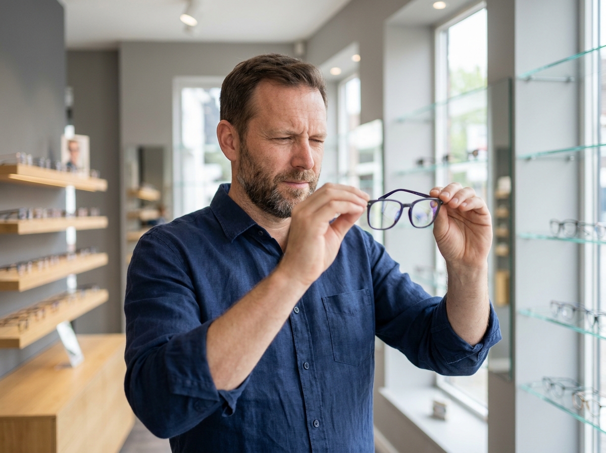 Homme examinant des lunettes pour écran dans une boutique d'optique avec des rayons de montures en arrière-plan