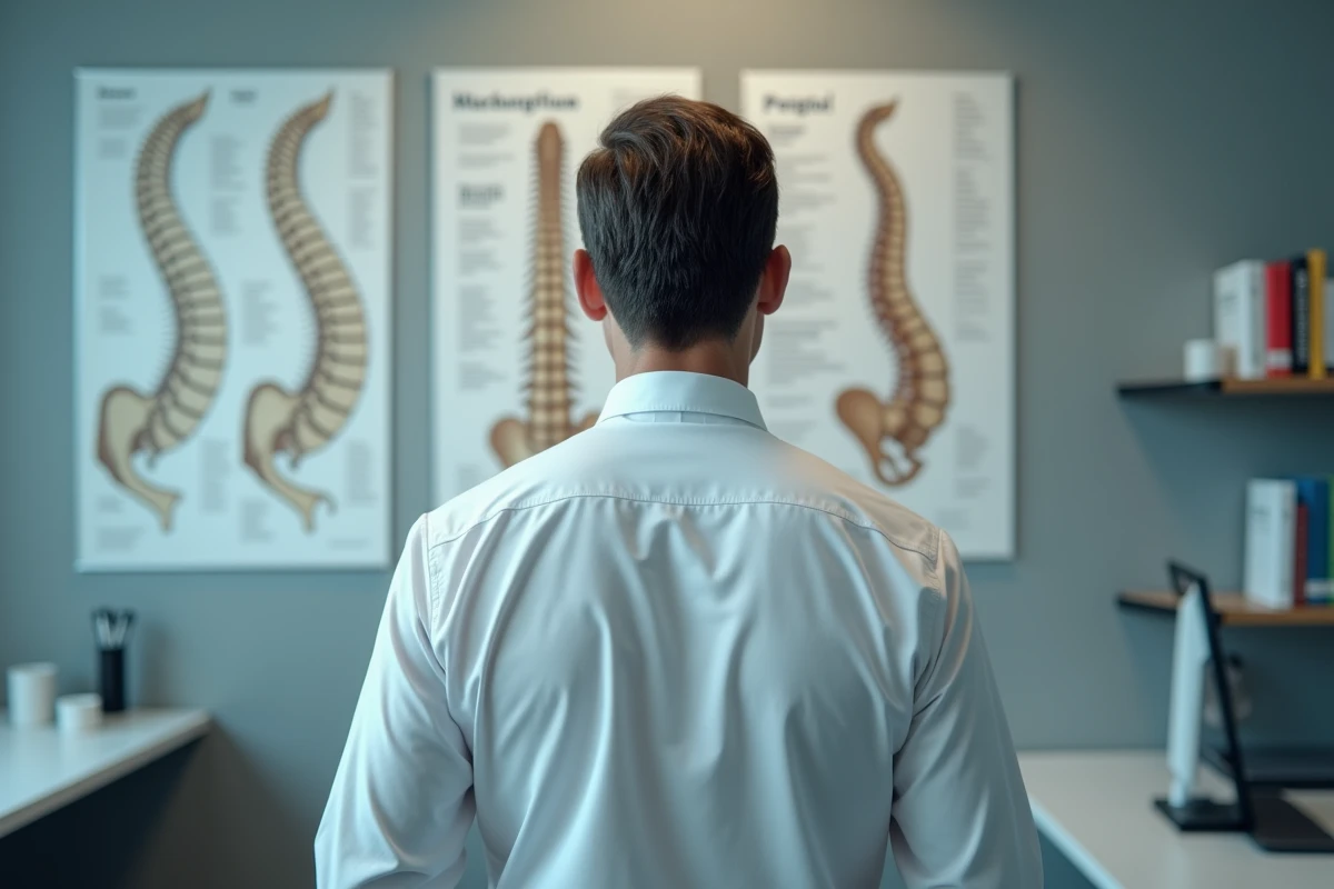 Homme regardant un diagramme de la colonne vert&eacute;brale en clinique