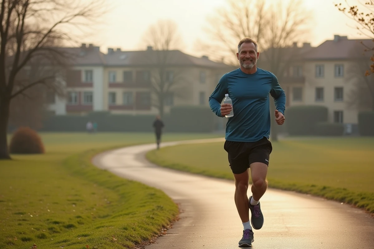 Homme d age courant dans un parc au matin