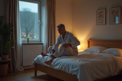 Homme d'&acirc;ge moyen en pyjama souffrant de douleur lombaire