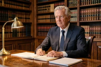 Homme distingué aux cheveux argentés assis à un bureau en bois dans une bibliothèque juridique, expression sereine et digne, illustrant une mise au point face aux rumeurs de maladie
