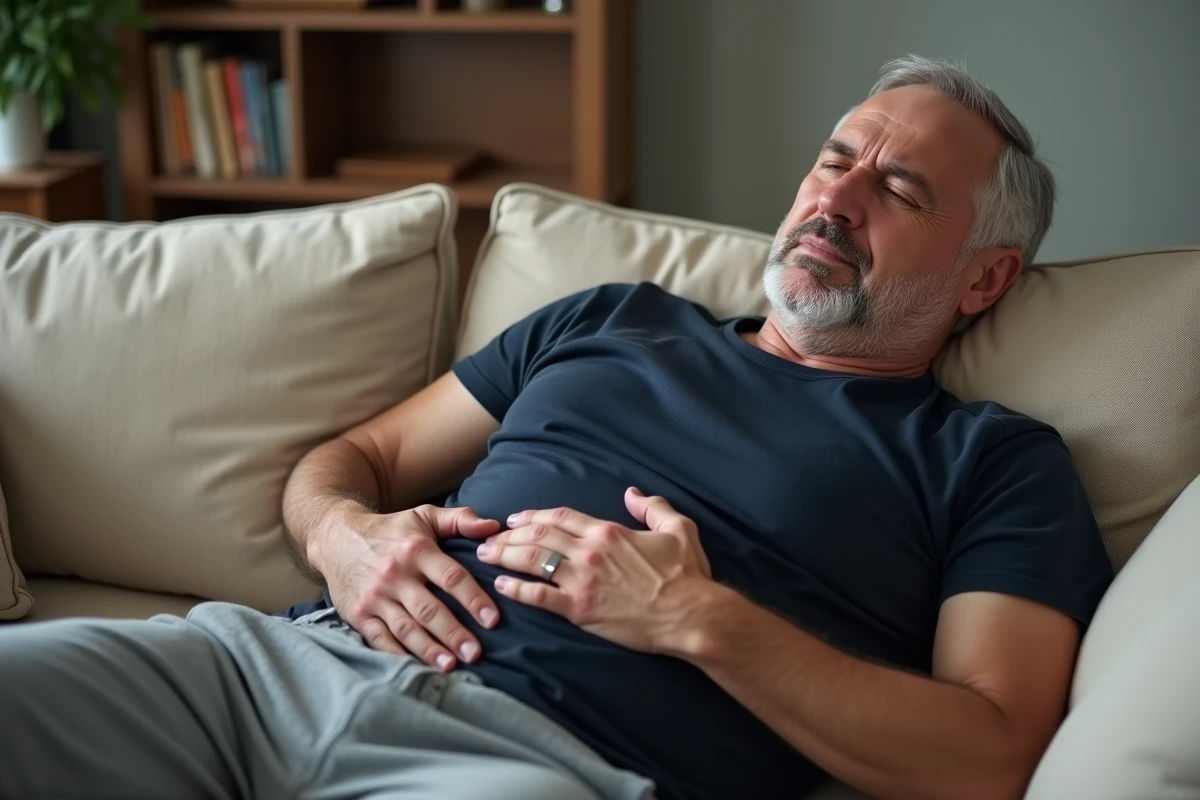 Homme allongé sur un canapé tenant son côté droit du ventre après le repas avec une expression d'inconfort