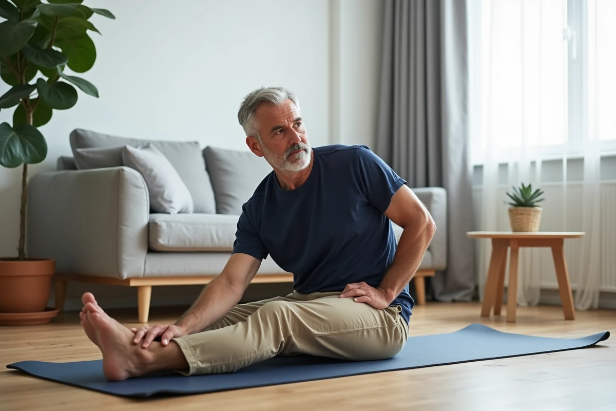 Homme pratiquant un étirement de grand-mère contre la sciatique sur un tapis de yoga