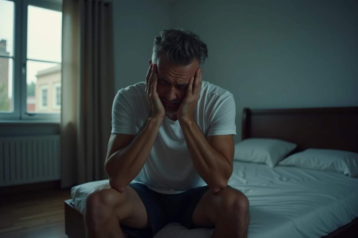 Homme assis au bord du lit la nuit se frottant le visage par fatigue, évoquant les réveils nocturnes répétés
