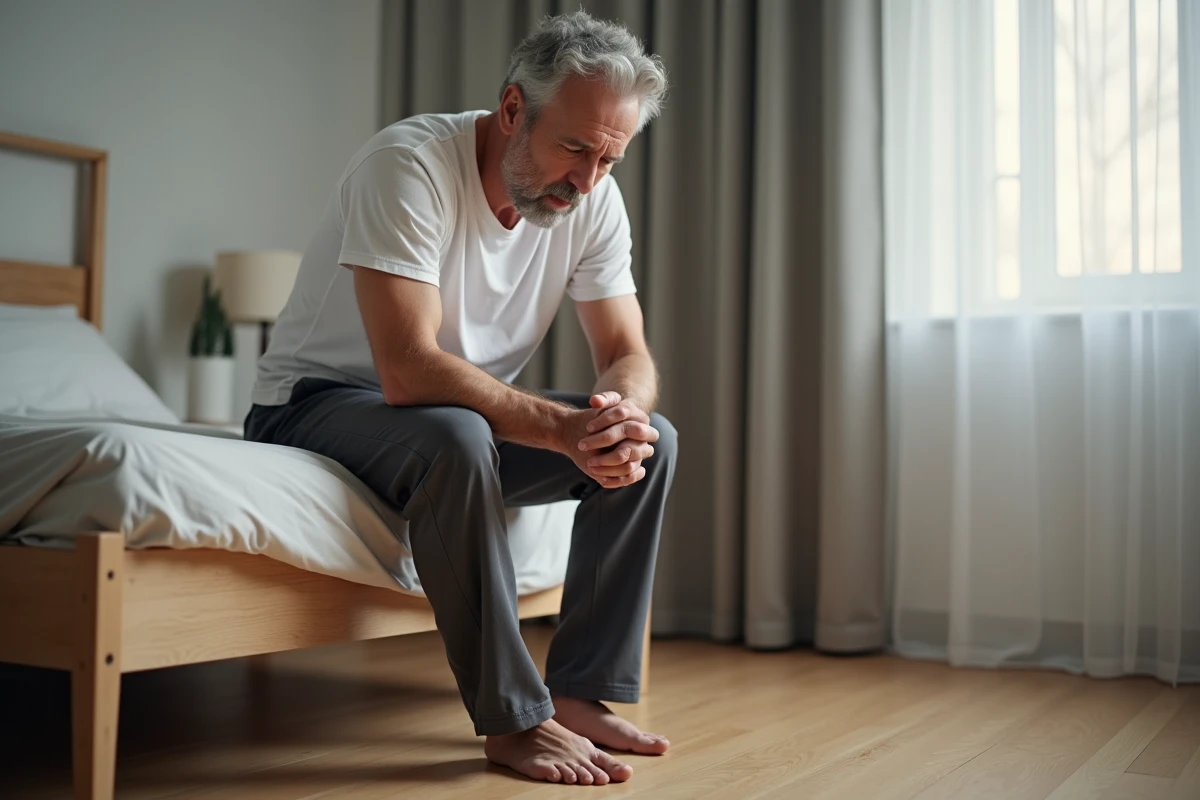 Homme assis au bord du lit examinant ses pieds, fourmillements et engourdissements dans les pieds le matin