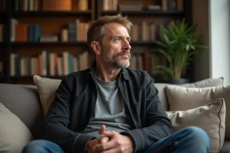 Homme français contemplant dans un salon cosy