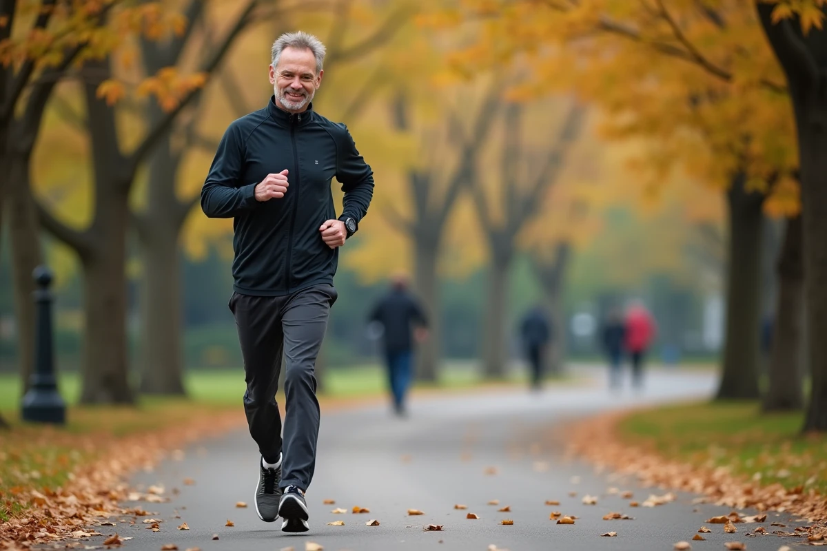 Homme courant dans un parc urbain en automne