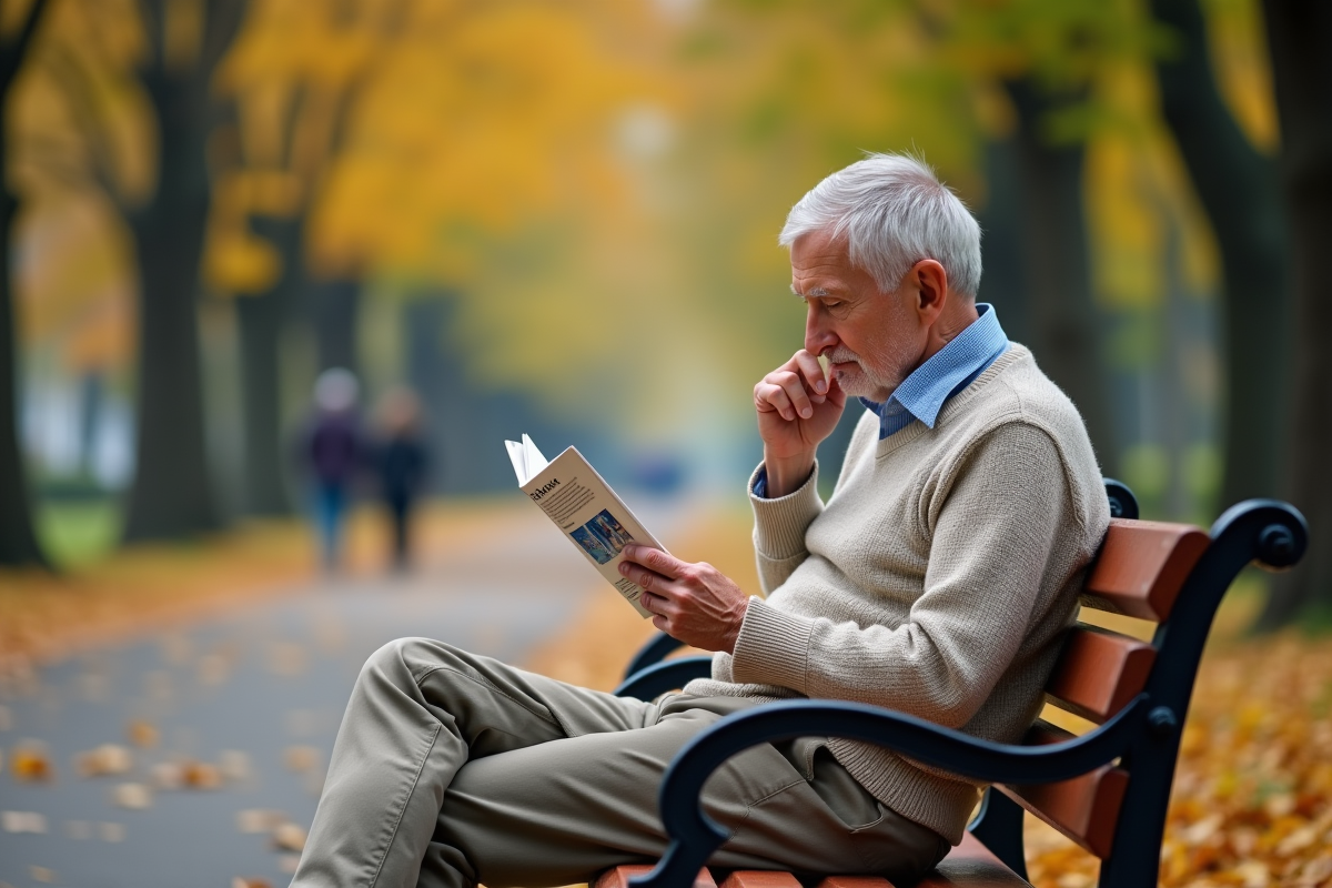 Homme âgé lisant une brochure sur la santé des os dans un parc