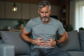 Homme d'&acirc;ge moyen touchant son c&ocirc;t&eacute; avec g&ecirc;ne dans un salon