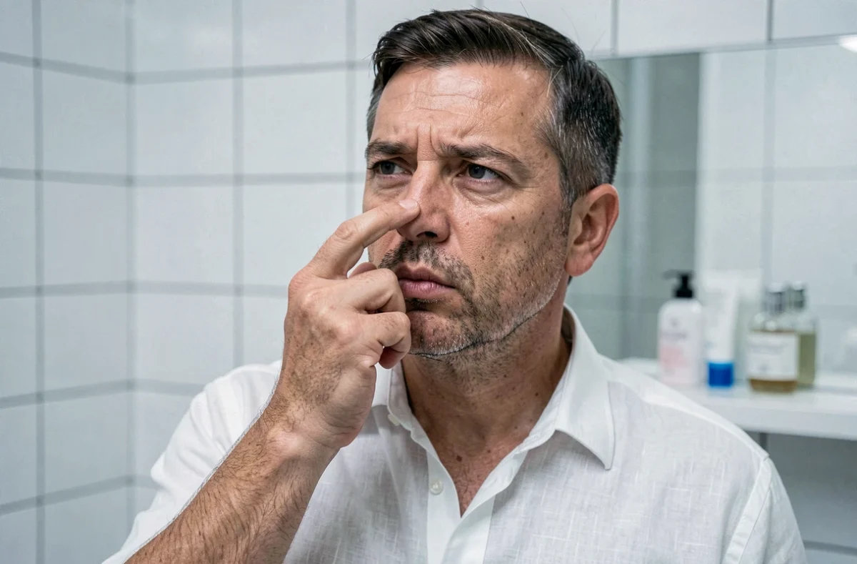 Homme effectuant la manœuvre de Valsalva en se pinçant le nez pour déboucher ses oreilles naturellement dans une salle de bain