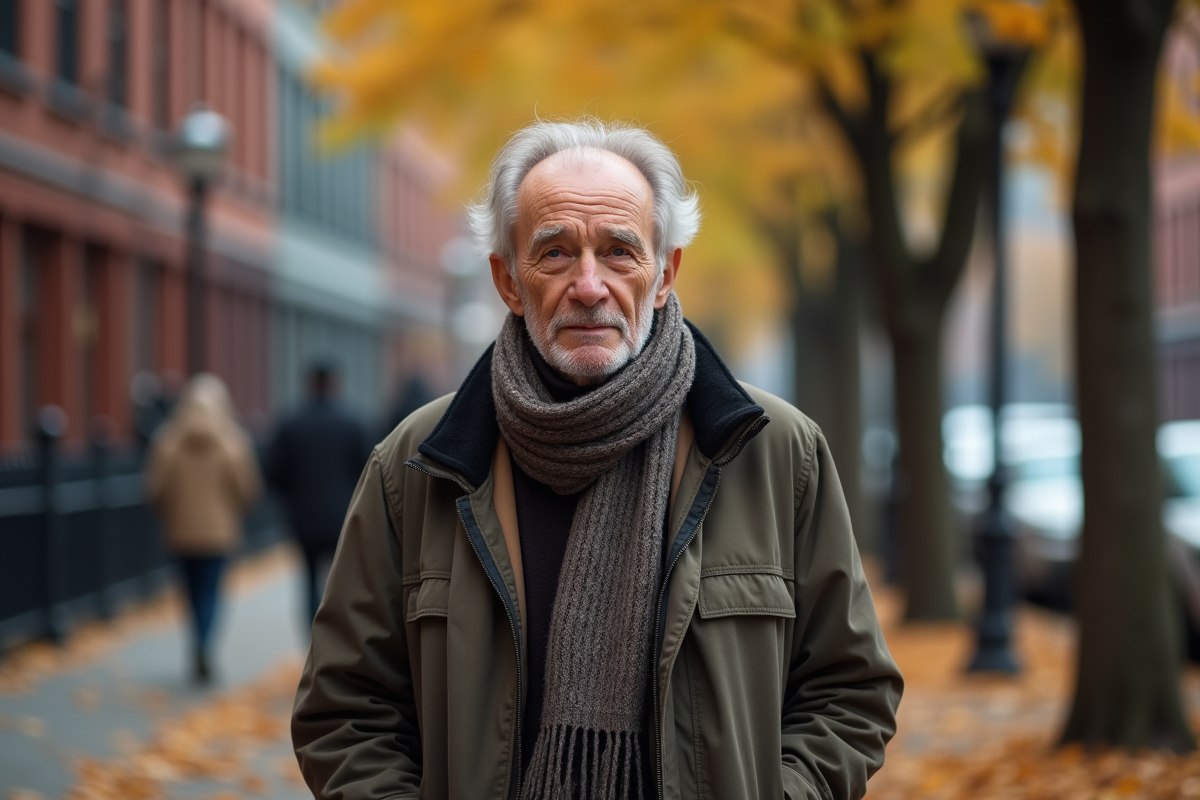 Homme âgé marchant dans la rue en automne