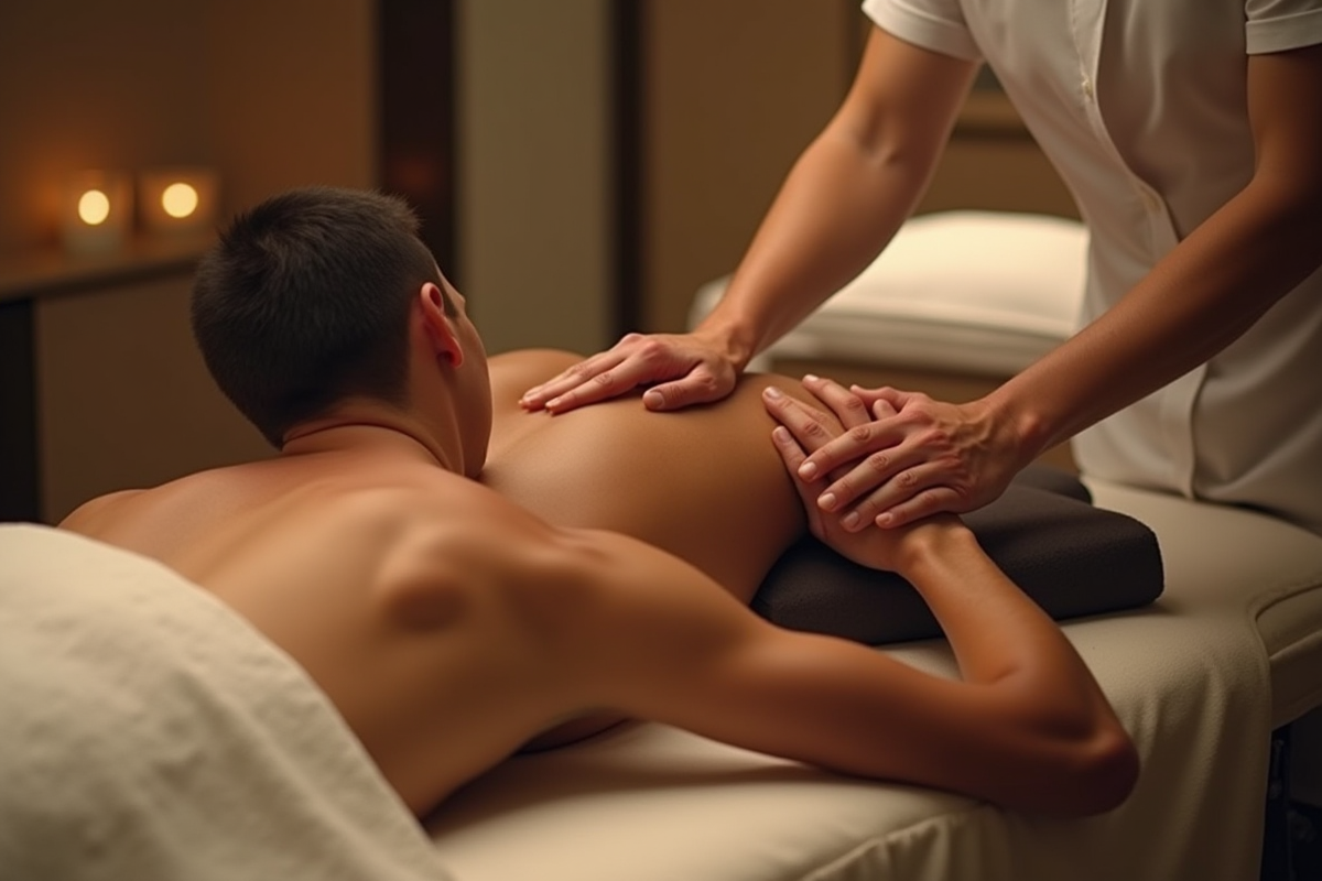 Homme allongé recevant un massage du dos par un thérapeute