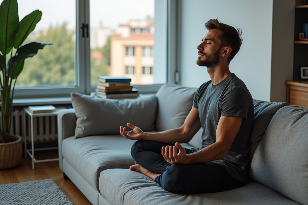 Homme méditant assis sur un canapé dans un salon moderne