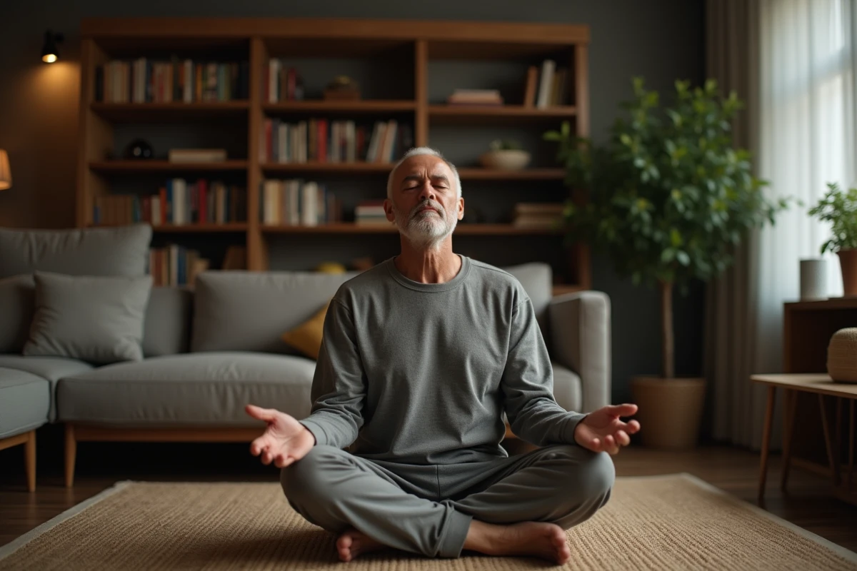 Homme méditant assis sur un tapis dans un salon cosy