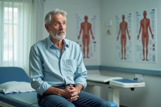 Homme d'âge moyen assis sur une table d'examen médical