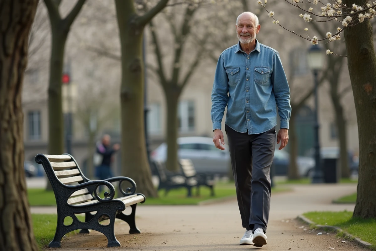 Homme français marchant dans un parc au printemps