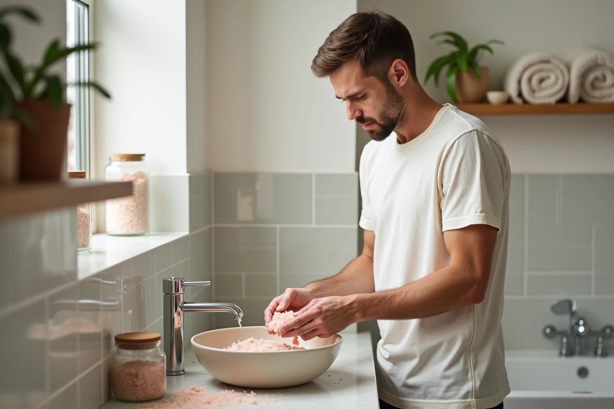 Homme pr&eacute;parant un bain de pieds au sel rose dans la salle de bain