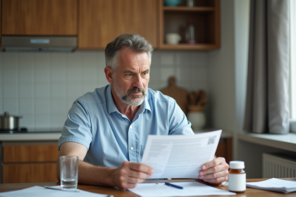 Homme d'âge moyen examine ses résultats médicaux à la maison