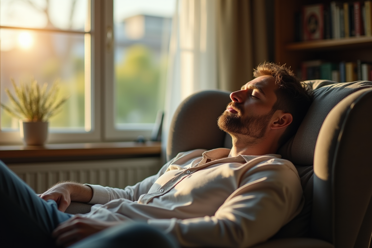 Homme détendu dans un salon avec lumière naturelle