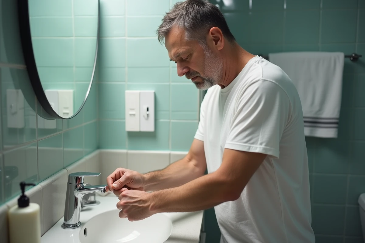 Homme dans une salle de bain grattant les marques blanches sur son ongle, geste à éviter pour la santé des ongles