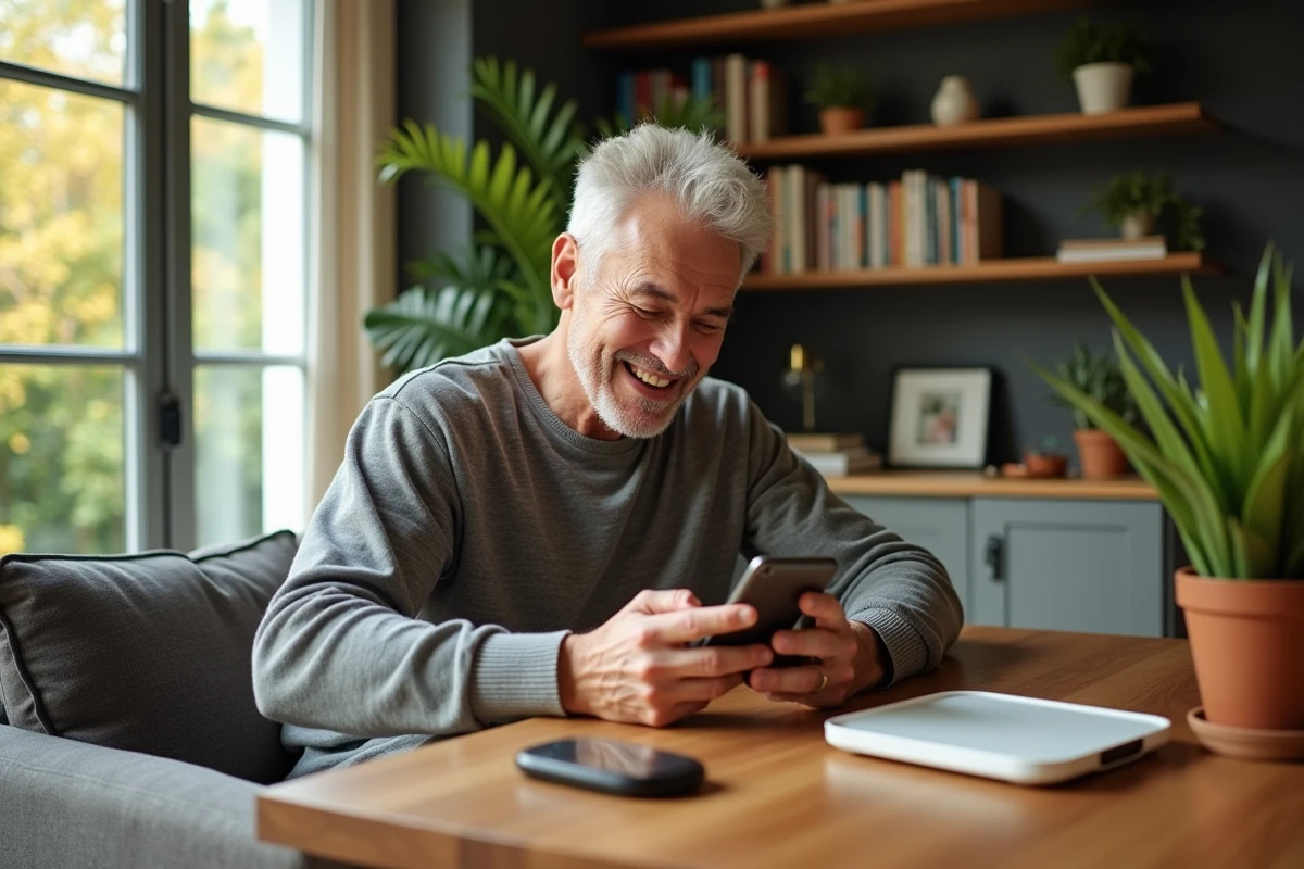 Homme senior assis lisant données musculaires sur smartphone