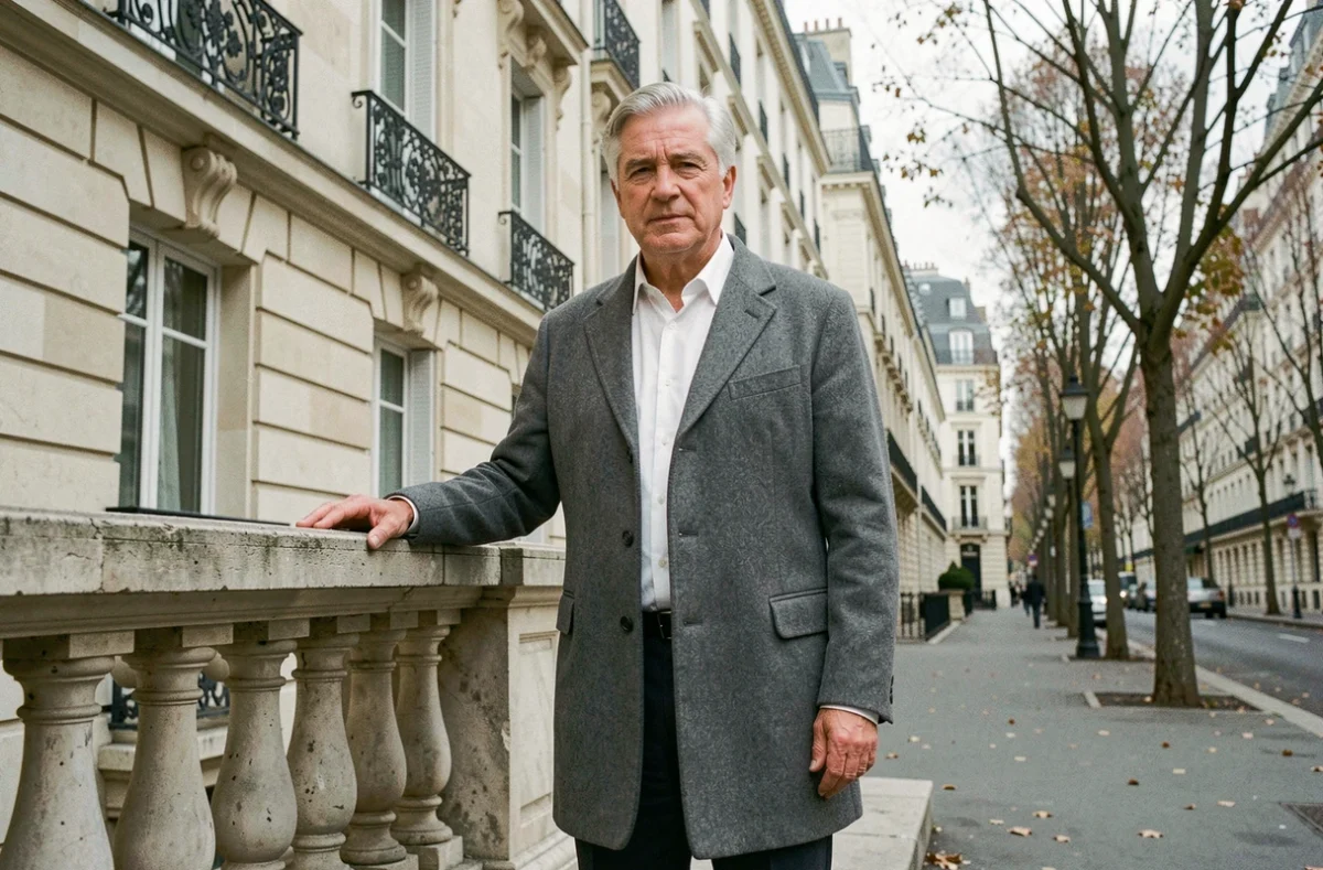 Homme senior en manteau gris devant un immeuble haussmannien parisien en automne, posture assurée et regard déterminé, symbolisant la clarification publique face aux spéculations